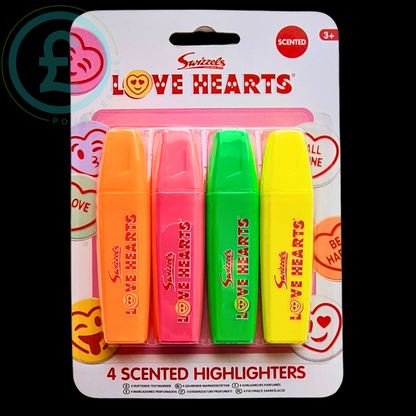 Pack of Sweets Love Hearts scented highlighters on a white background