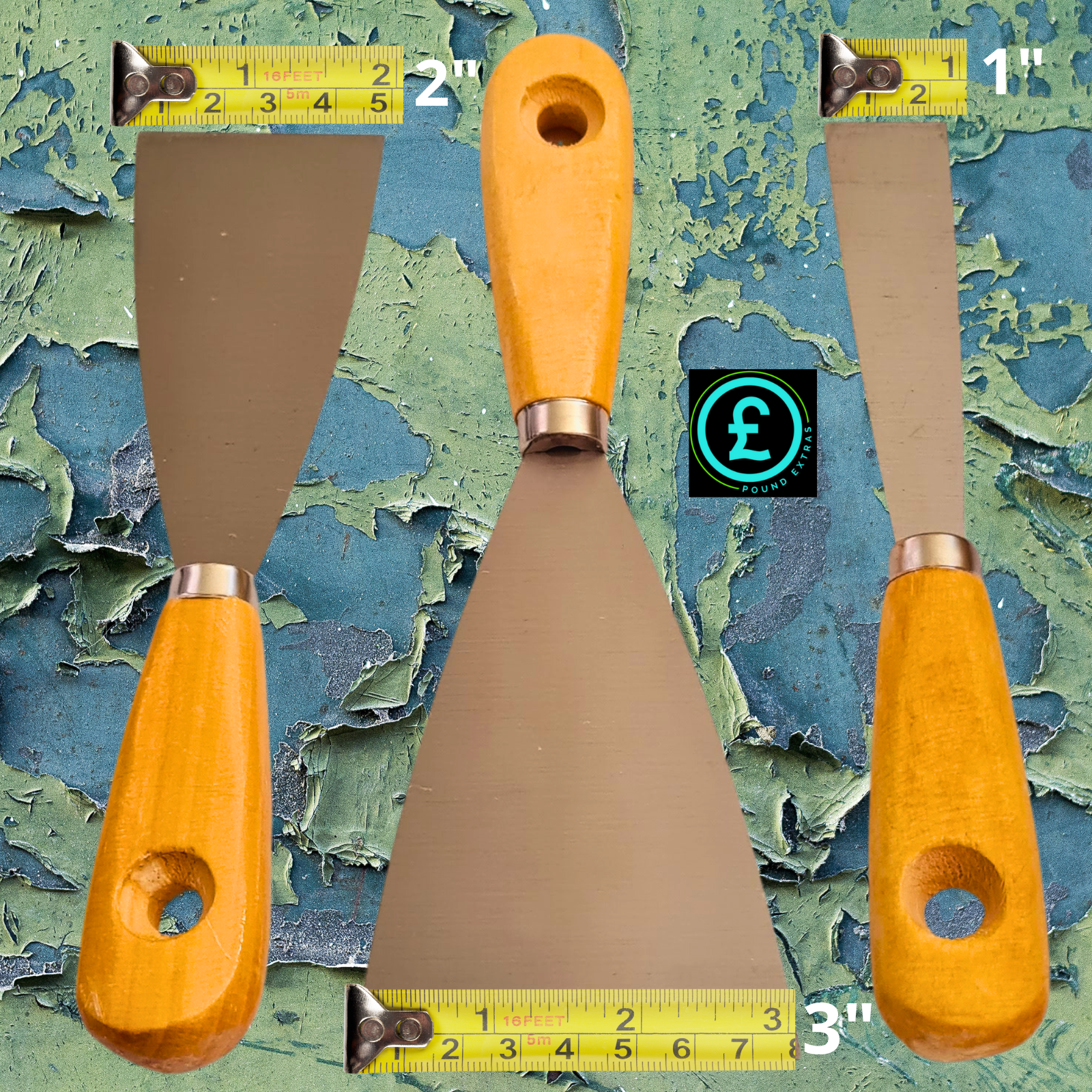 Three putty knives with orange handles on a textured green and blue background.