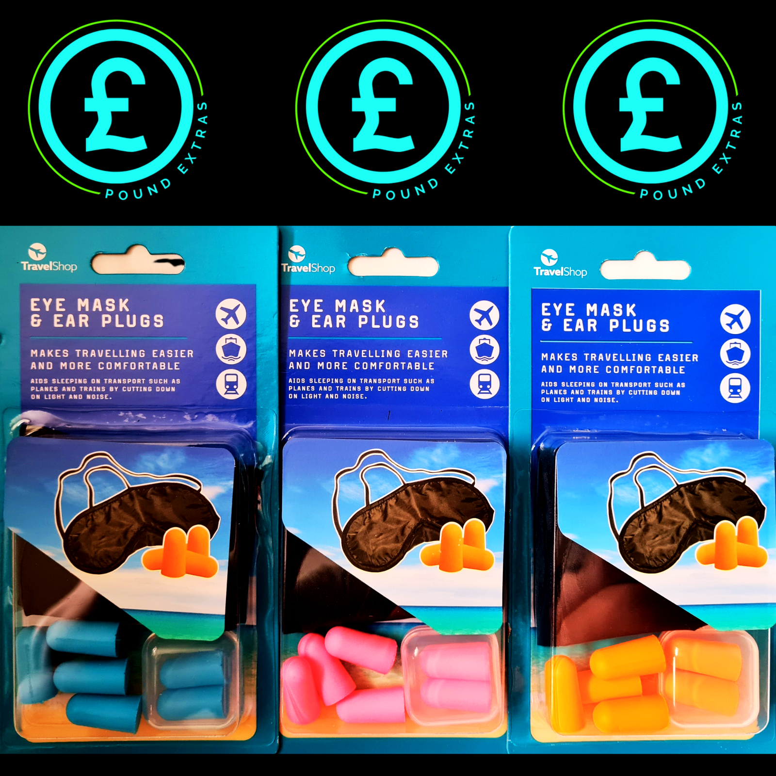 Packaging of eye mask and ear plugs set with Pound Extras logo above.