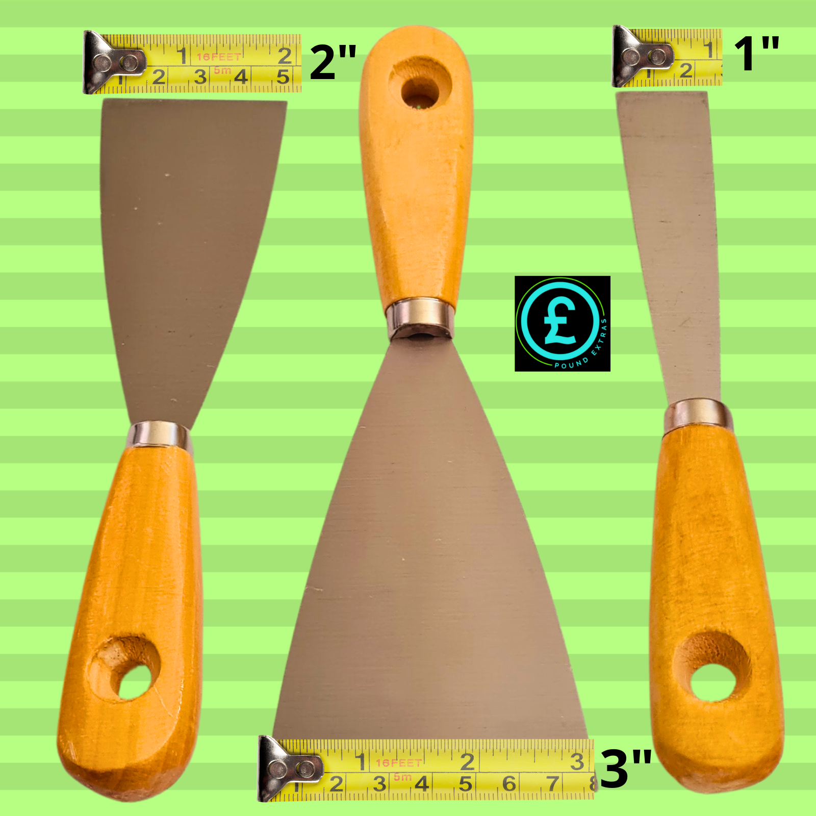 Three putty knives with wooden handles and metal blades, shown with measurement tapes on a green striped background.