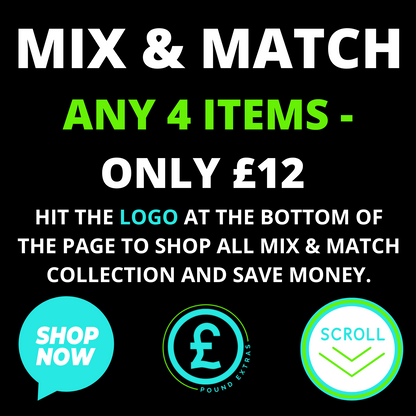 Promotional text for a mix and match offer with a price tag on a black background.
