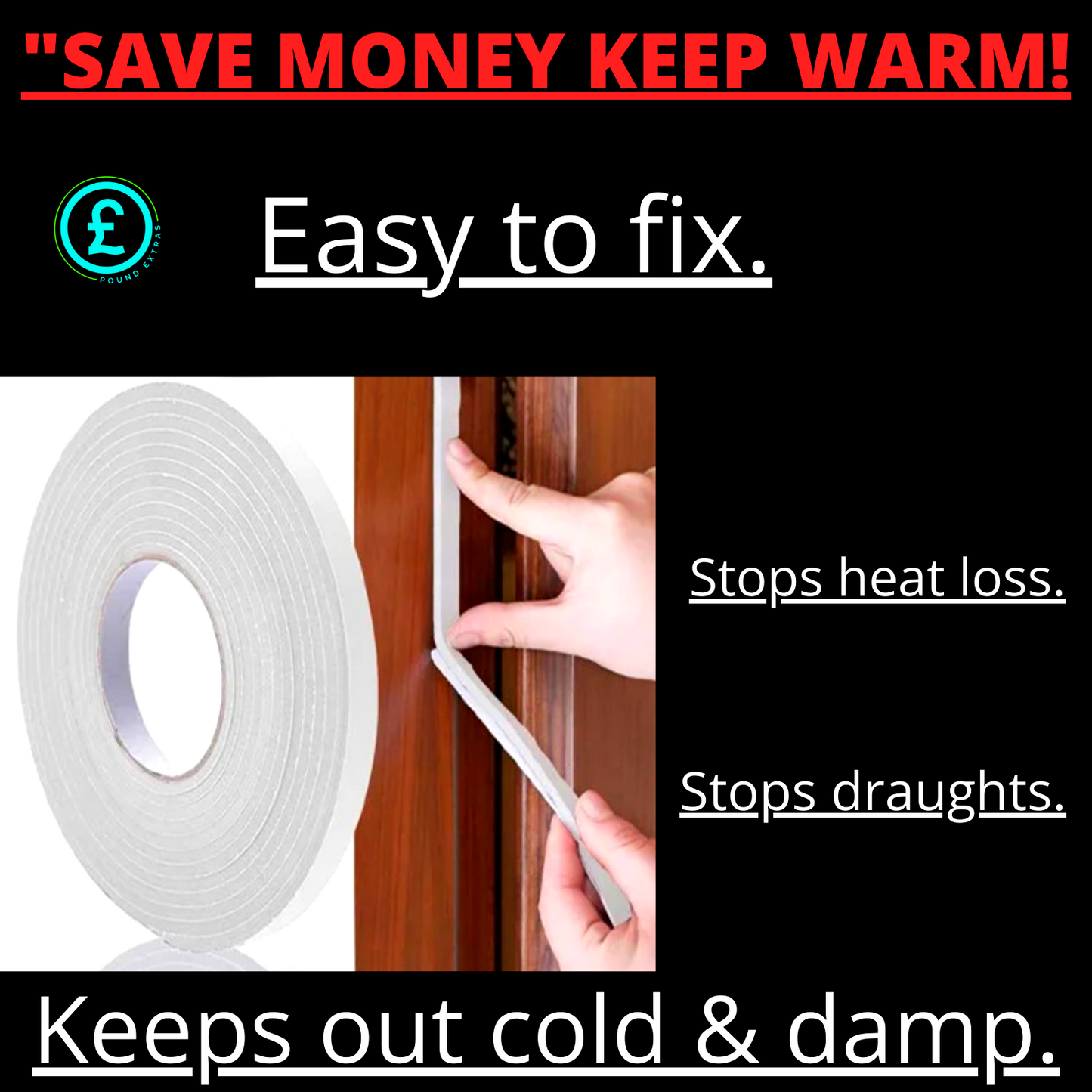 Insulation tape with text on a black background, showing its use and benefits.