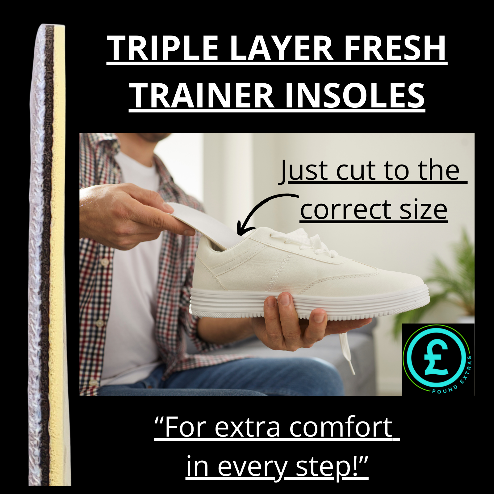 Insole with text about triple layer fresh trainer insoles and a person wearing a white sneaker.