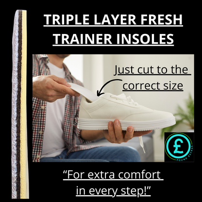 Insole with text about triple layer fresh trainer insoles and a person wearing a white sneaker.