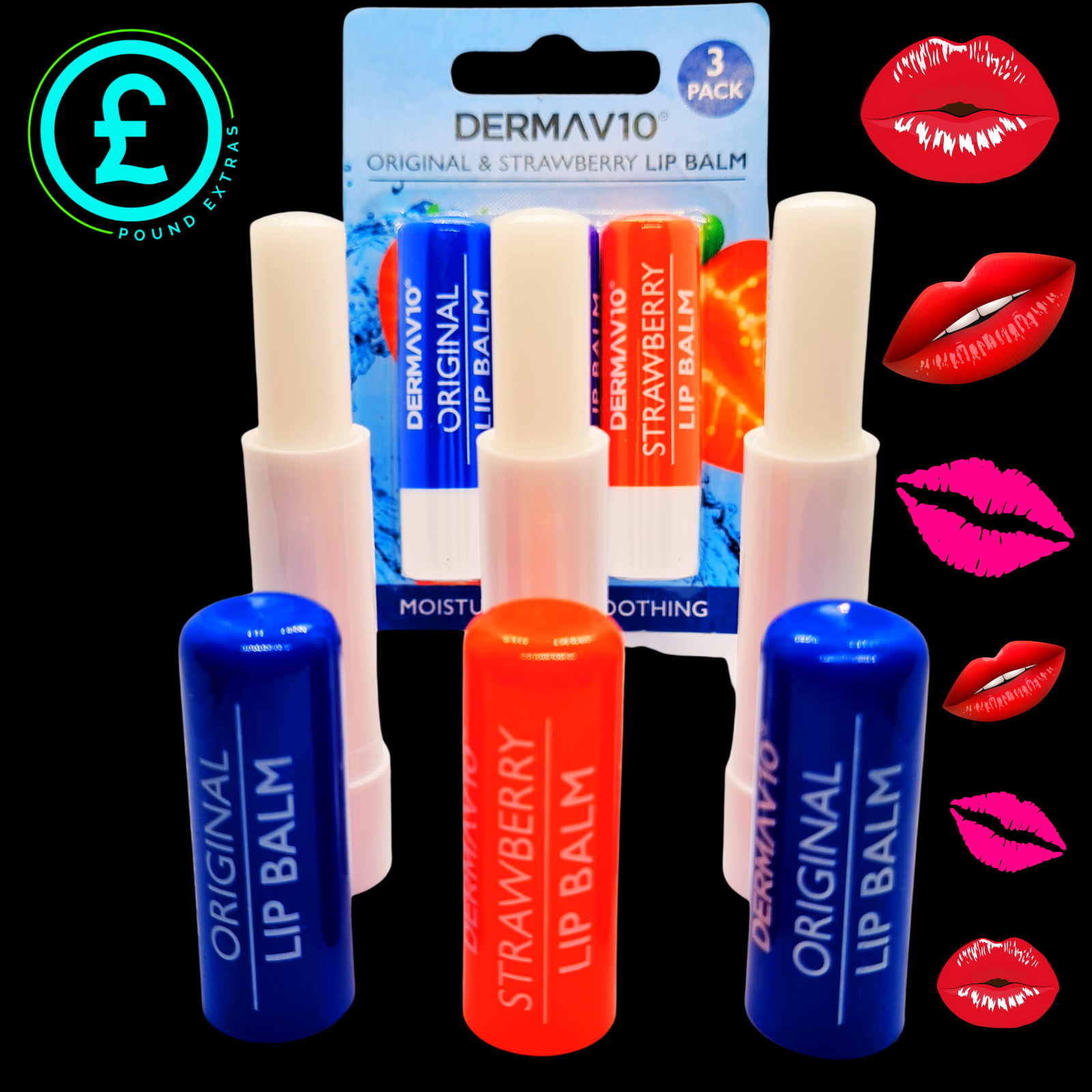 Lip balm products with packaging and decorative lip graphics on a black background