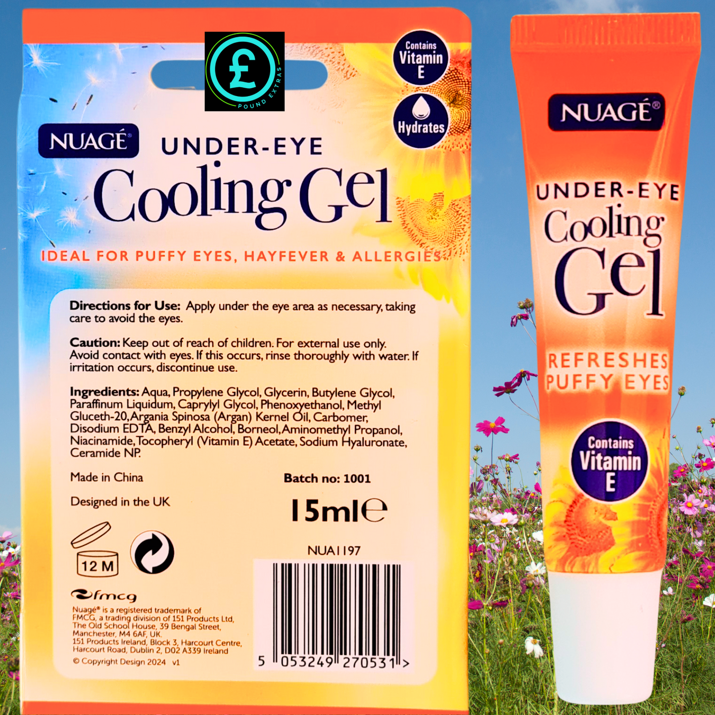 Nuage under-eye cooling gel packaging with product tube on a natural background