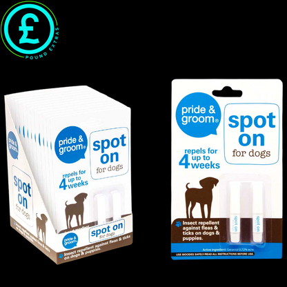 Pride & Groom spot on for dogs packaging with a Pound Exports logo.