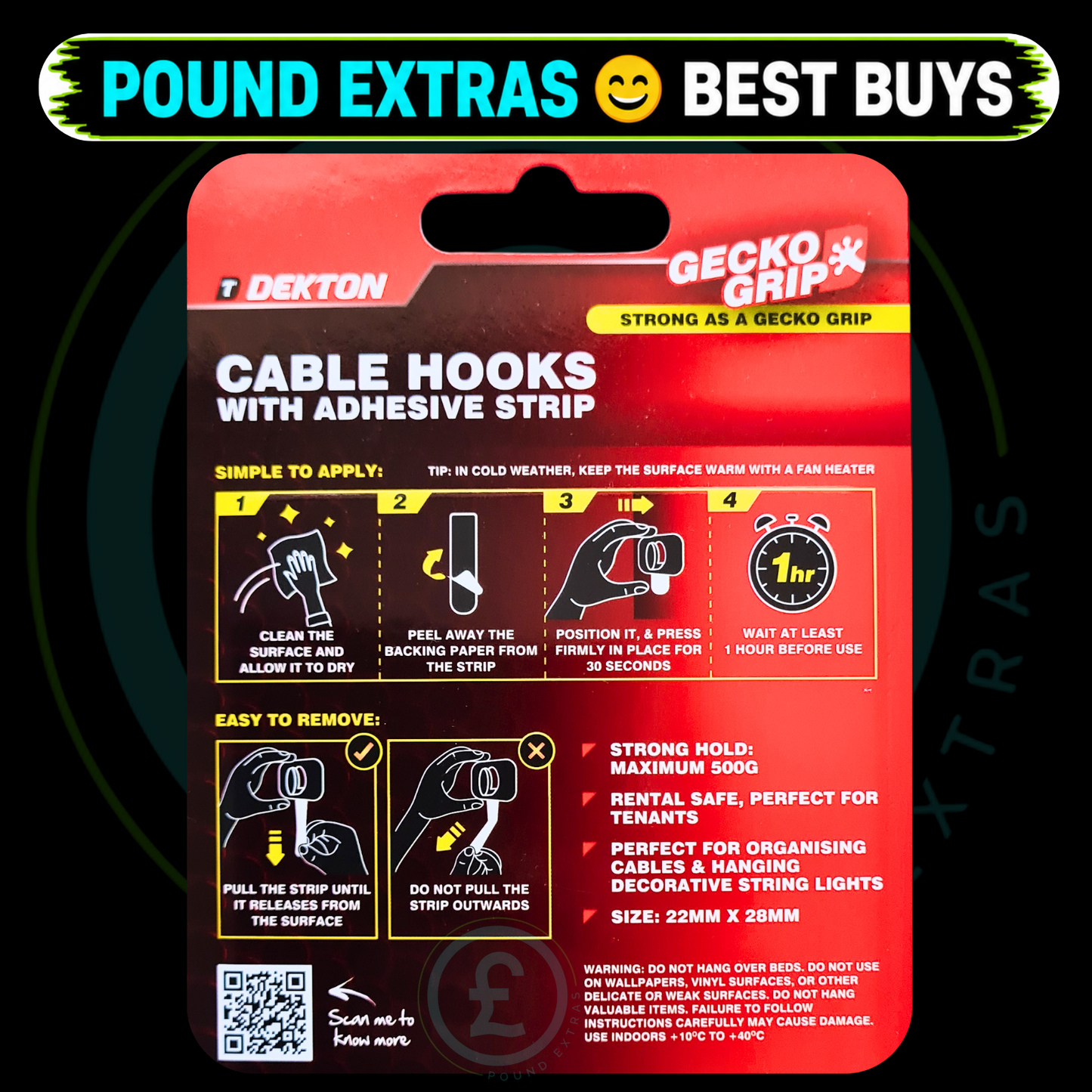 Cable Hooks With Adhesive Strip – Clear Gecko Grip 6 Pack Strong Holds Removable3