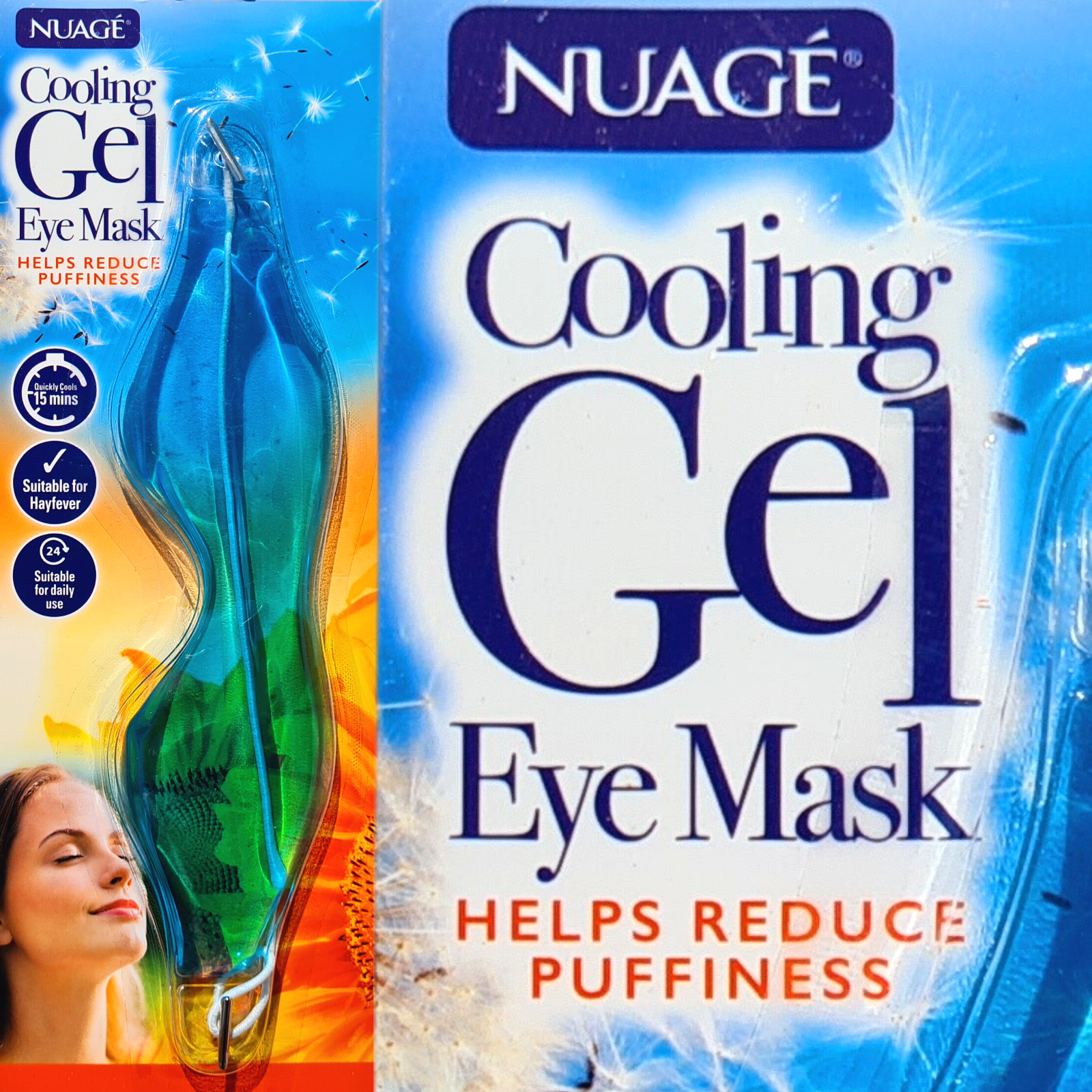 Nuage Cooling Gel Eye Mask packaging with a woman's face on a blue background