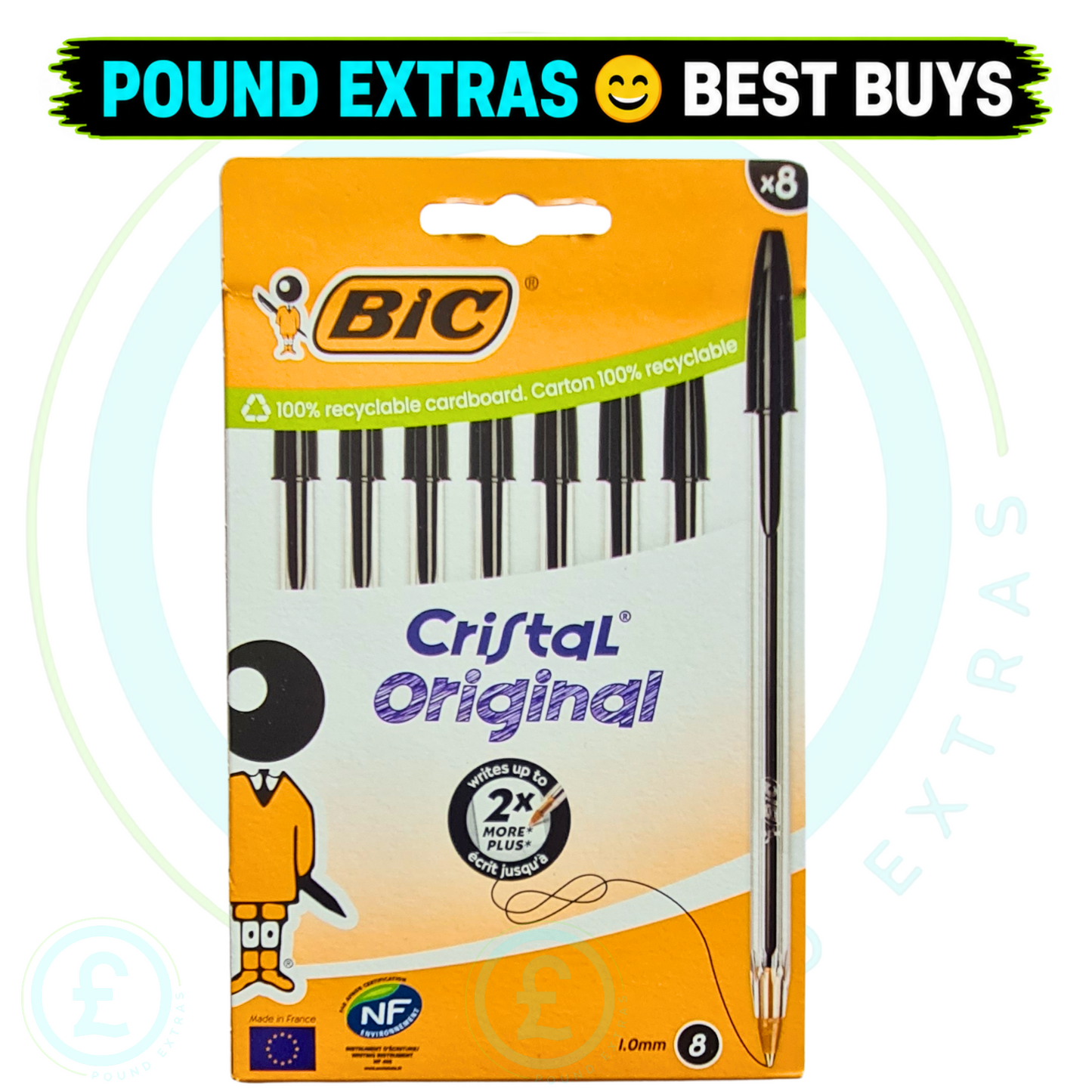 BIC Cristal Original Black Ink Ballpoint Pens 8 Pack Medium 1.0mm Office Smooth0