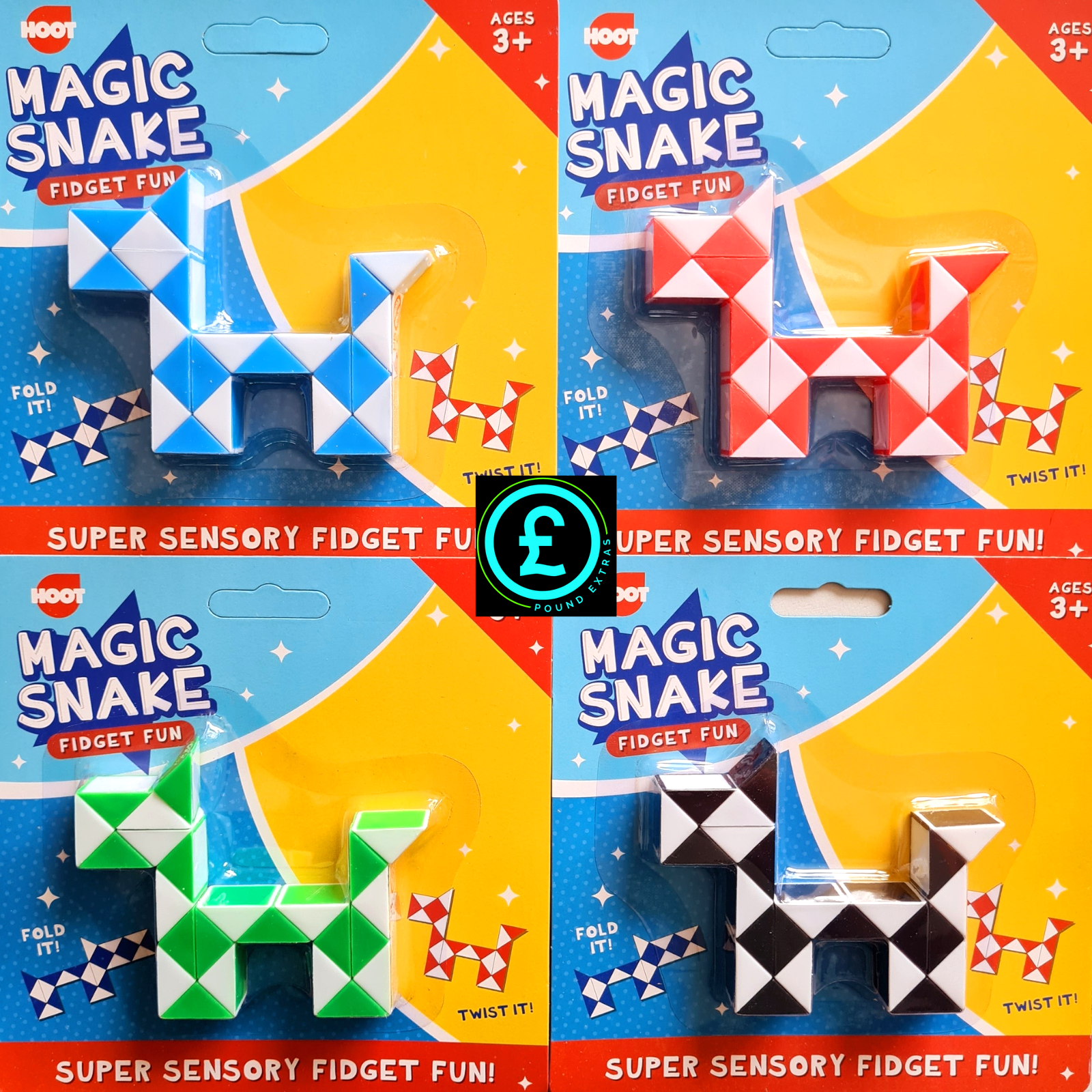 Four packages of Magic Snake fidget toys with colorful designs on a white background.