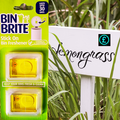 BIN BRITE stick-on bin freshener packaging with lemongrass sign in grass