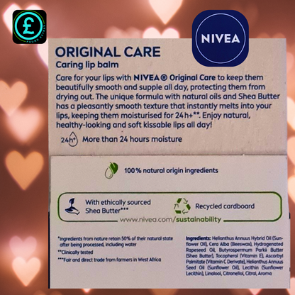 Nivea Original Care lip balm packaging with product details on a blurred heart pattern background