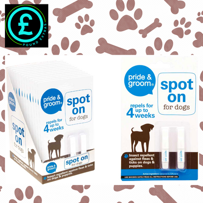 Pride & Groom spot on for dogs packaging with brand logo on a patterned background