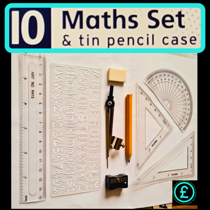 Maths set with ruler, compass, protractor, and pencil on a white background
