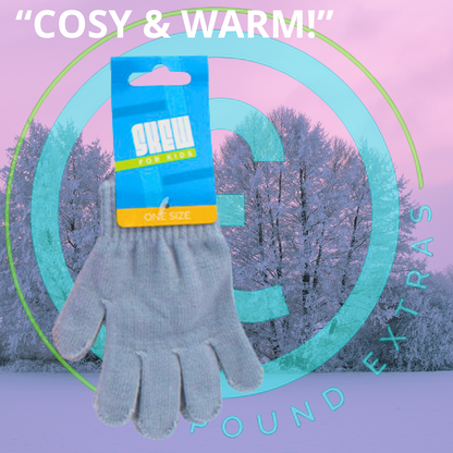 Gray gloves with a blue packaging label on a winter landscape background