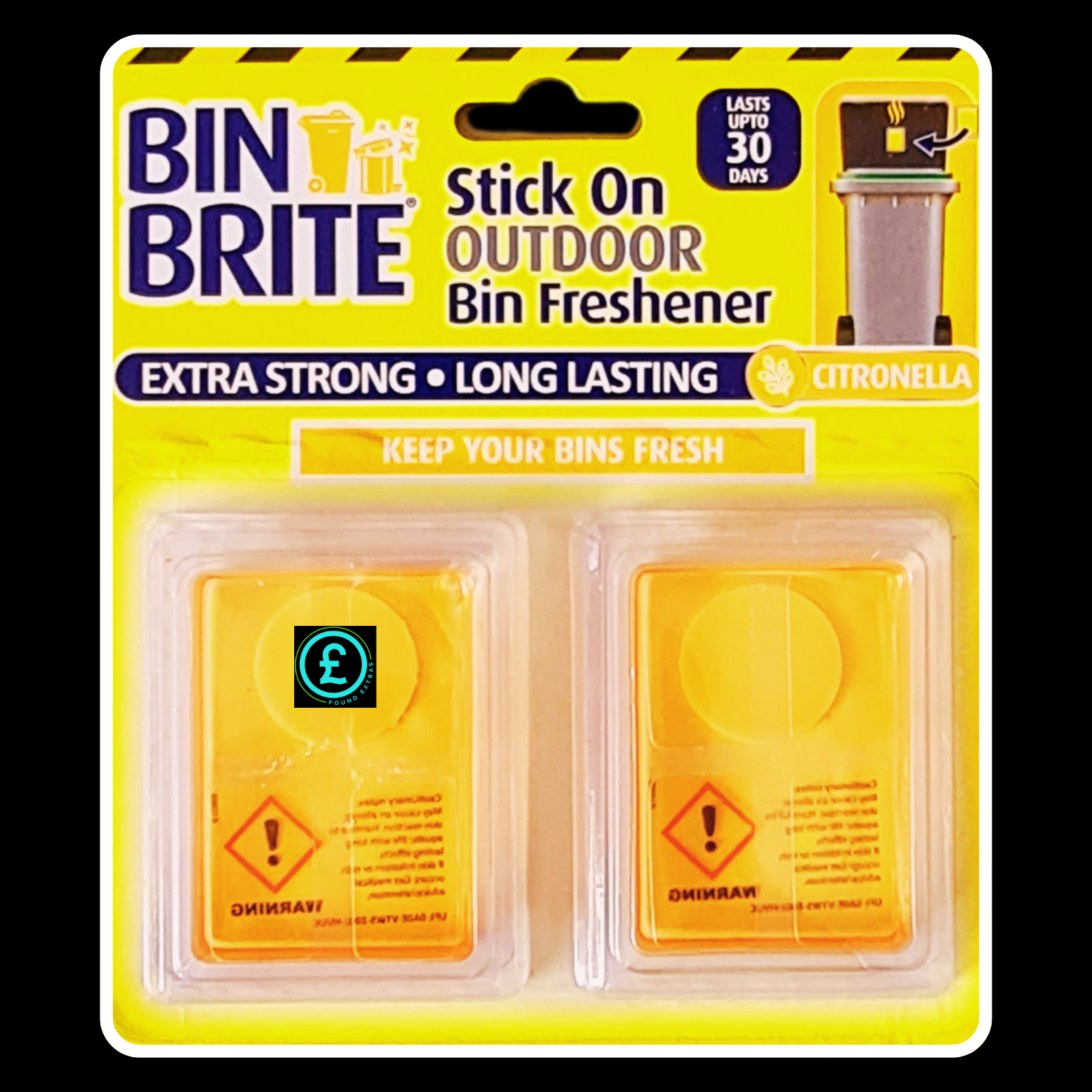 Bin Brite stick-on outdoor bin freshener packaging on a yellow background