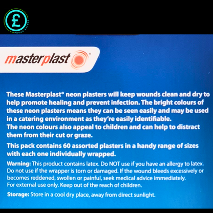 Masterplast neon plasters packaging with product description and usage instructions.