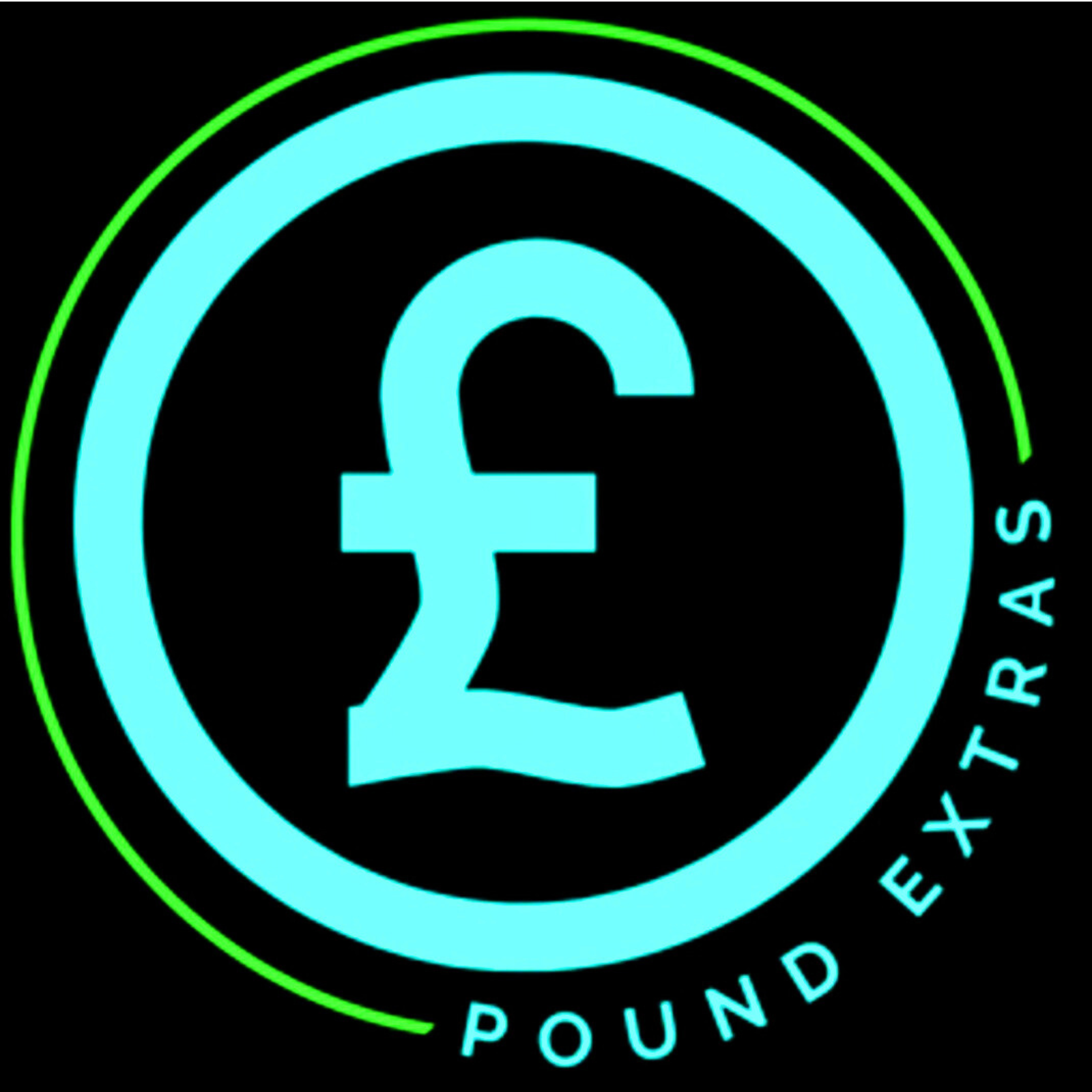 Logo with a pound symbol and 'Pound Extras' text on a black background poundextras.com