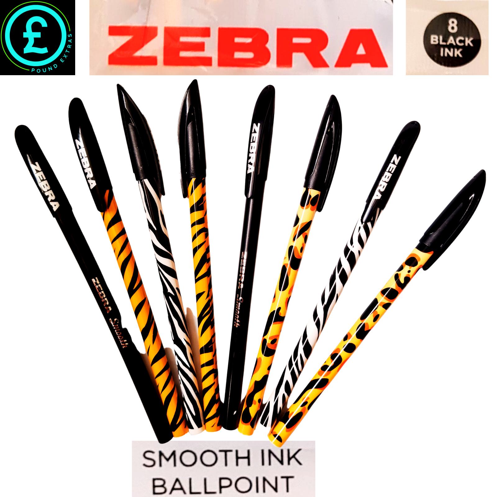 Zebra ballpoint pens with animal print designs on a white background, featuring the Zebra brand name.