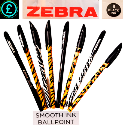 Zebra ballpoint pens with animal print designs on a white background, featuring the Zebra brand name.