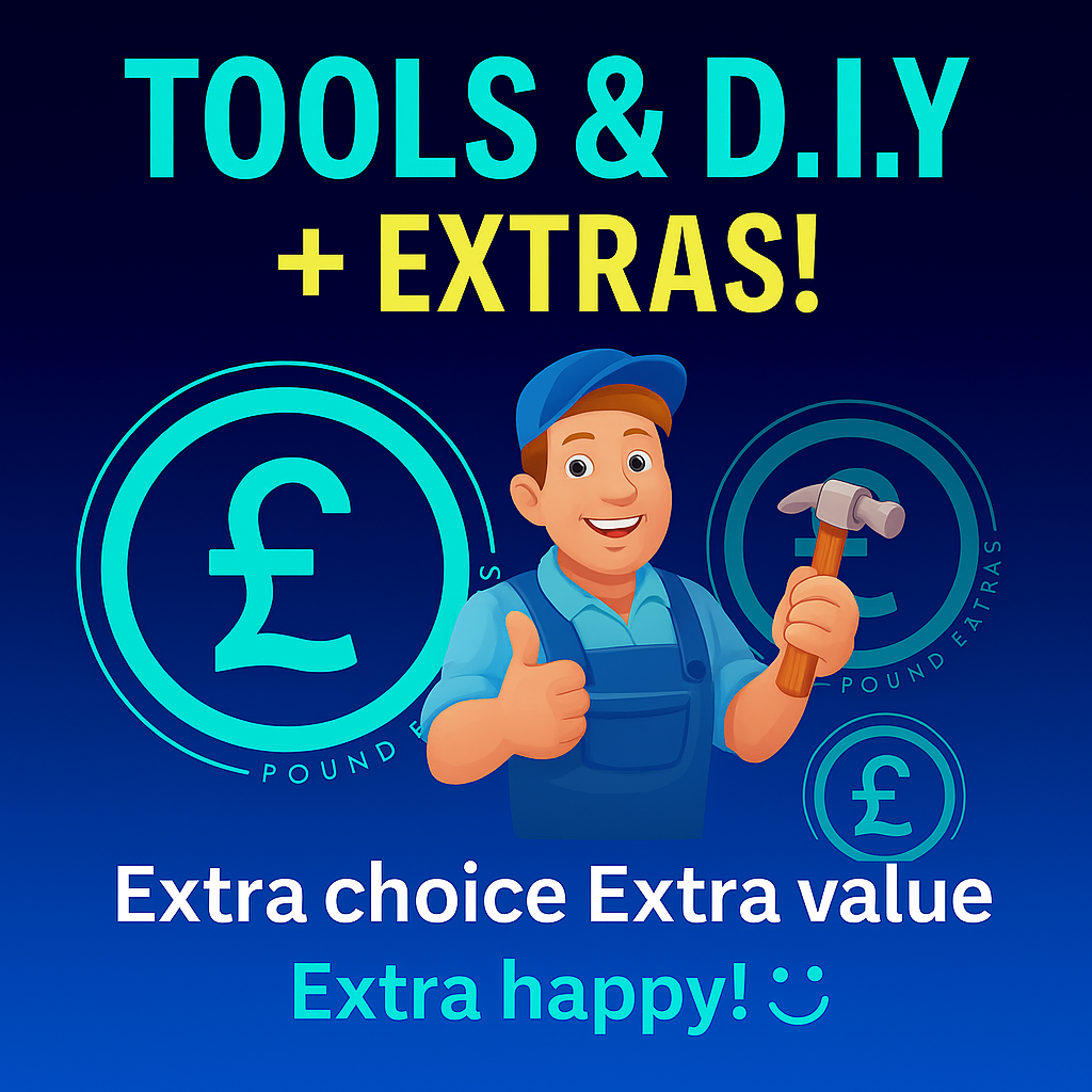 Advertisement for tools and DIY extras with a cartoon character holding a hammer on a blue background. poundextras.com