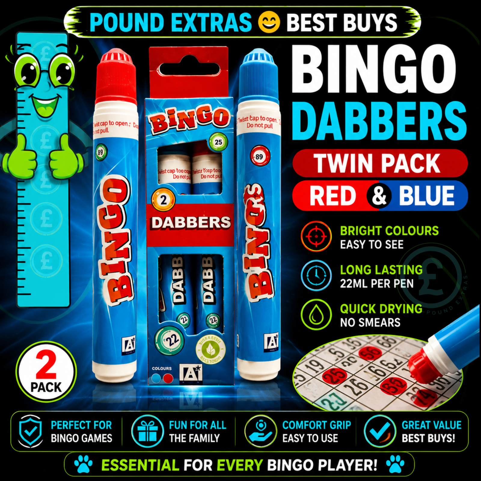 Bingo Dabbers Twin Pack Red Blue Pens Quick Dry Easy Grip 2 Pack Great Gift Idea3