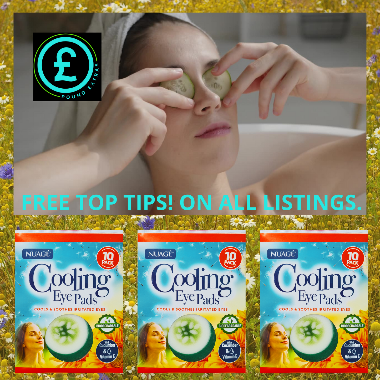 Person applying cooling eye pads with Nuage Cooling Eye Pads packaging displayed below.