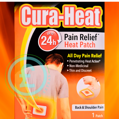 Cura-Heat Pain Relief Heat Patch packaging with a man applying it to his back.