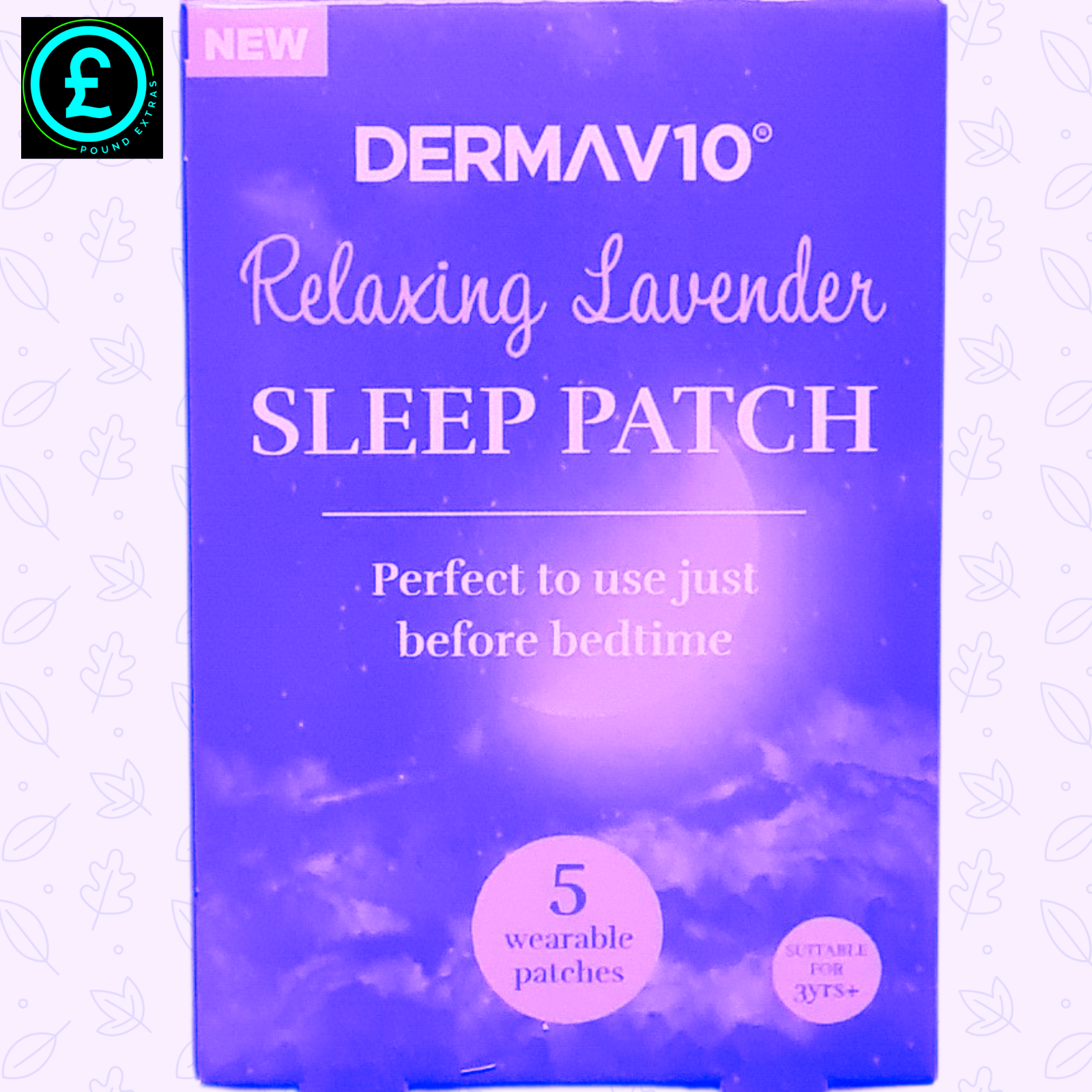 DermaV10 Relaxing Lavender Sleep Patch packaging on a light purple background