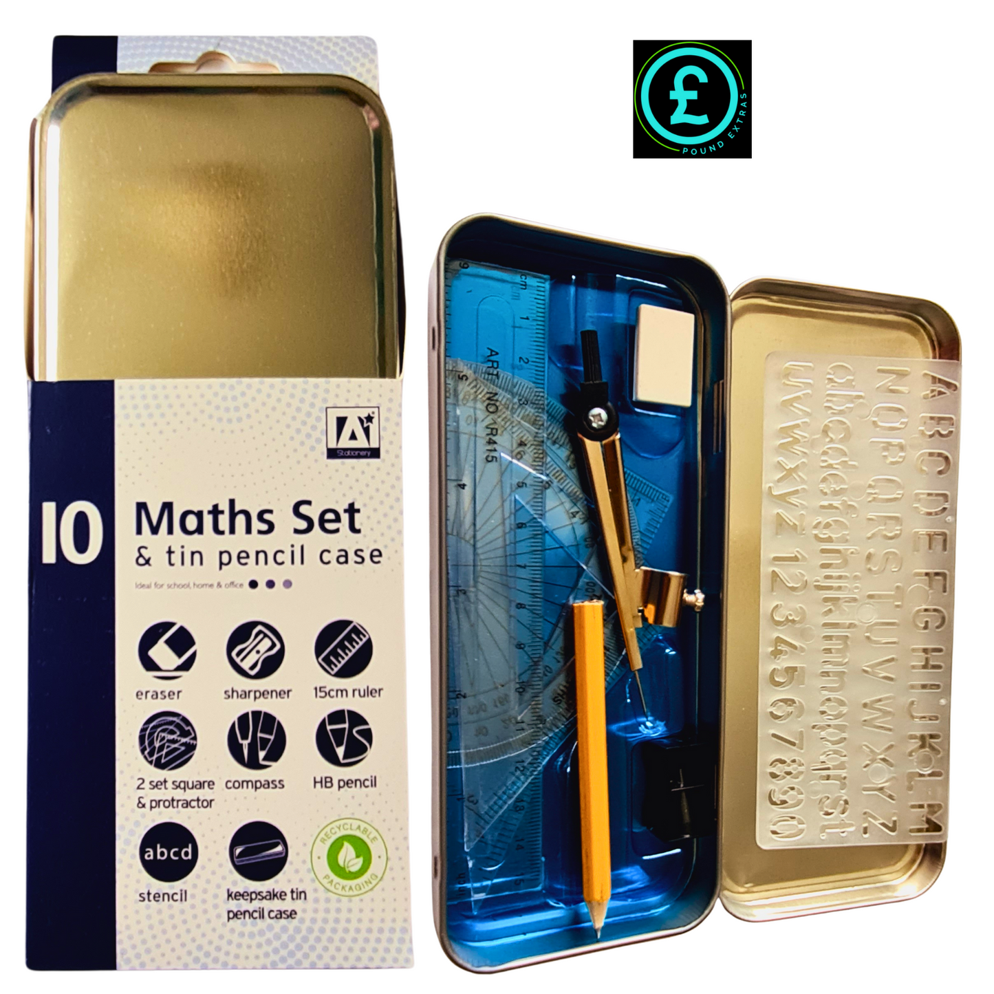 Pencil Case Tin: 10 piece Maths Set & 9 piece Kids School Stationery Kit - Pens9