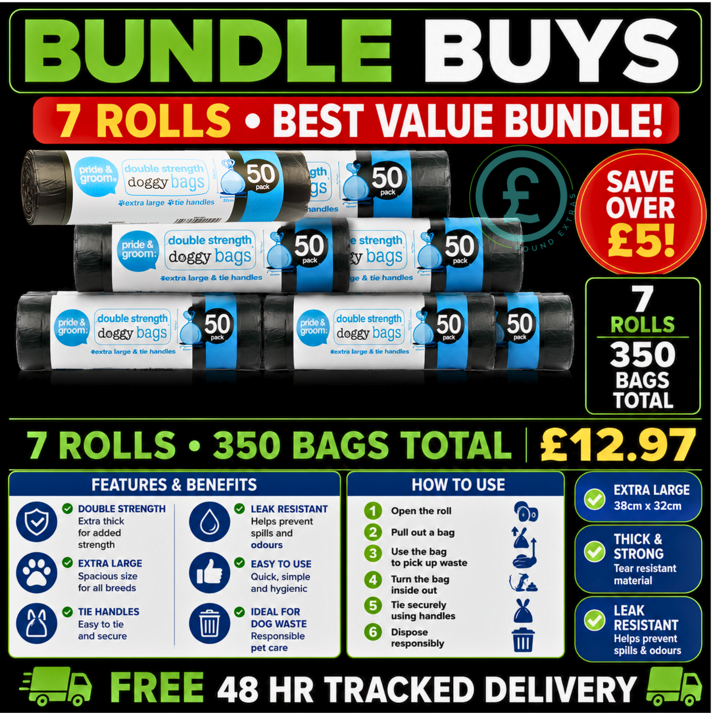 Doggy Bags 350 Pack 7 Roll Bundle Extra Large Tie Handles Thick Double Strength2