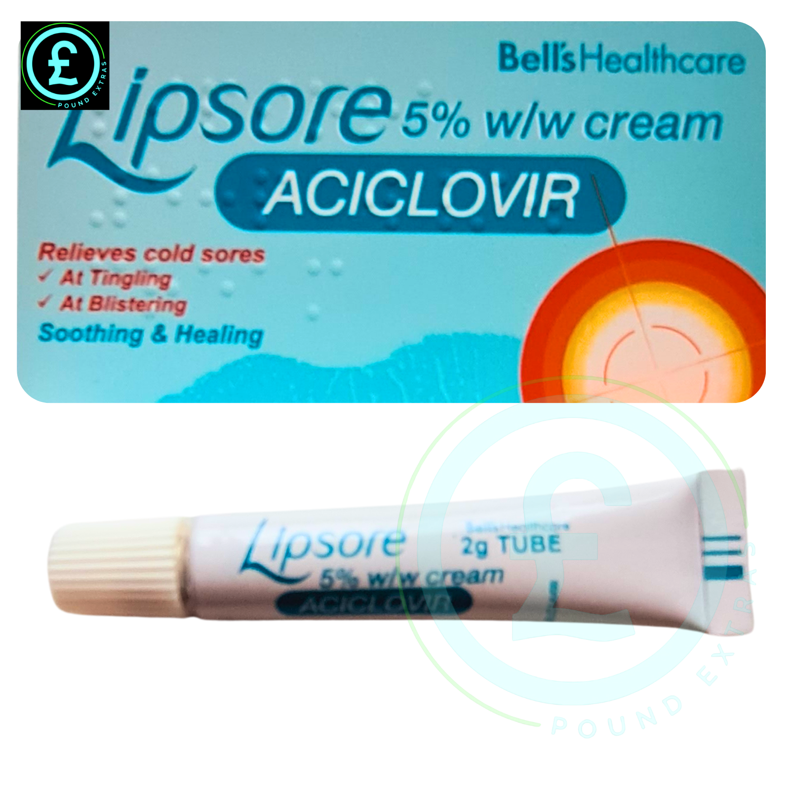 Lipsore Aciclovir cream packaging with tube on a white background