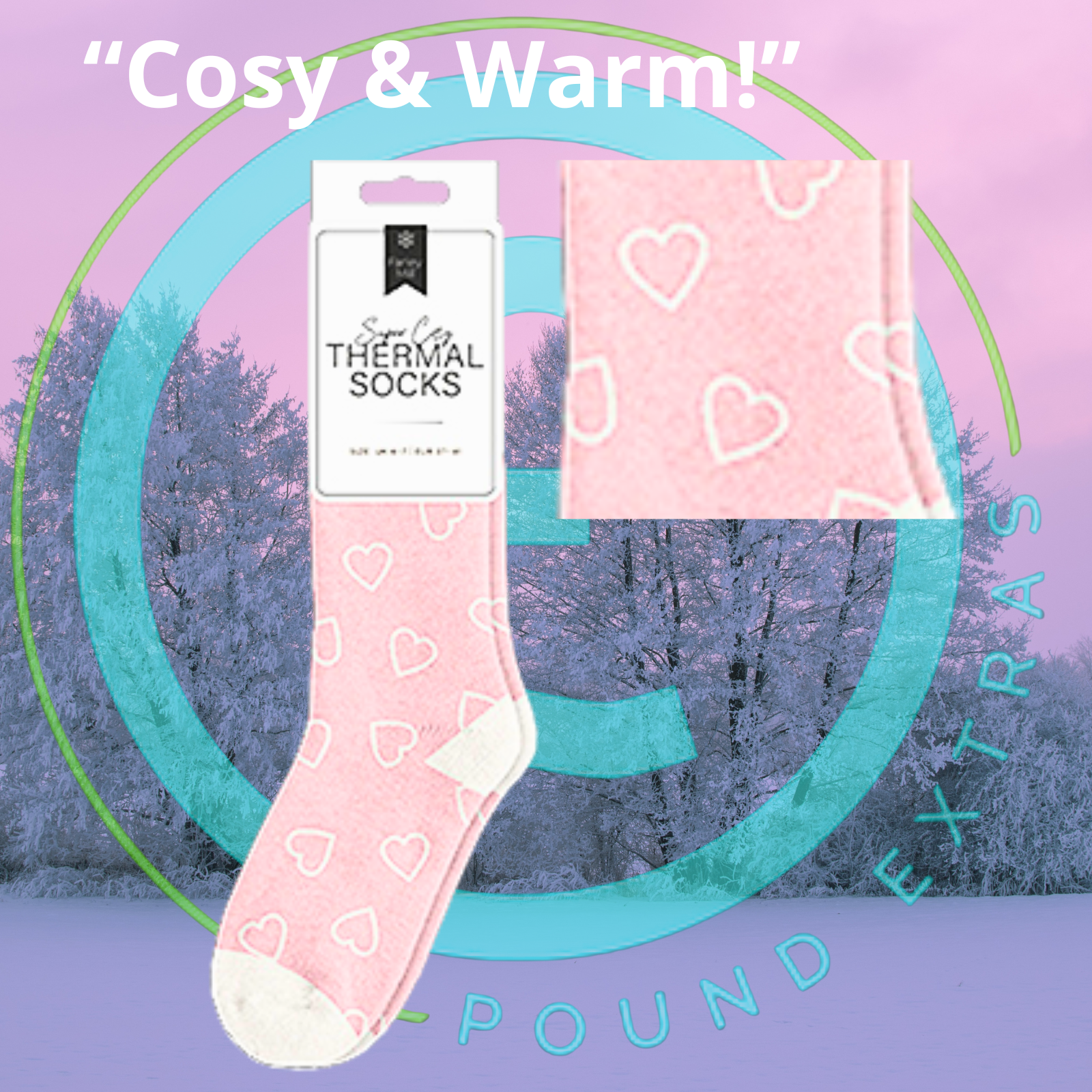 Pink thermal socks with heart patterns and packaging on a winter scene background.