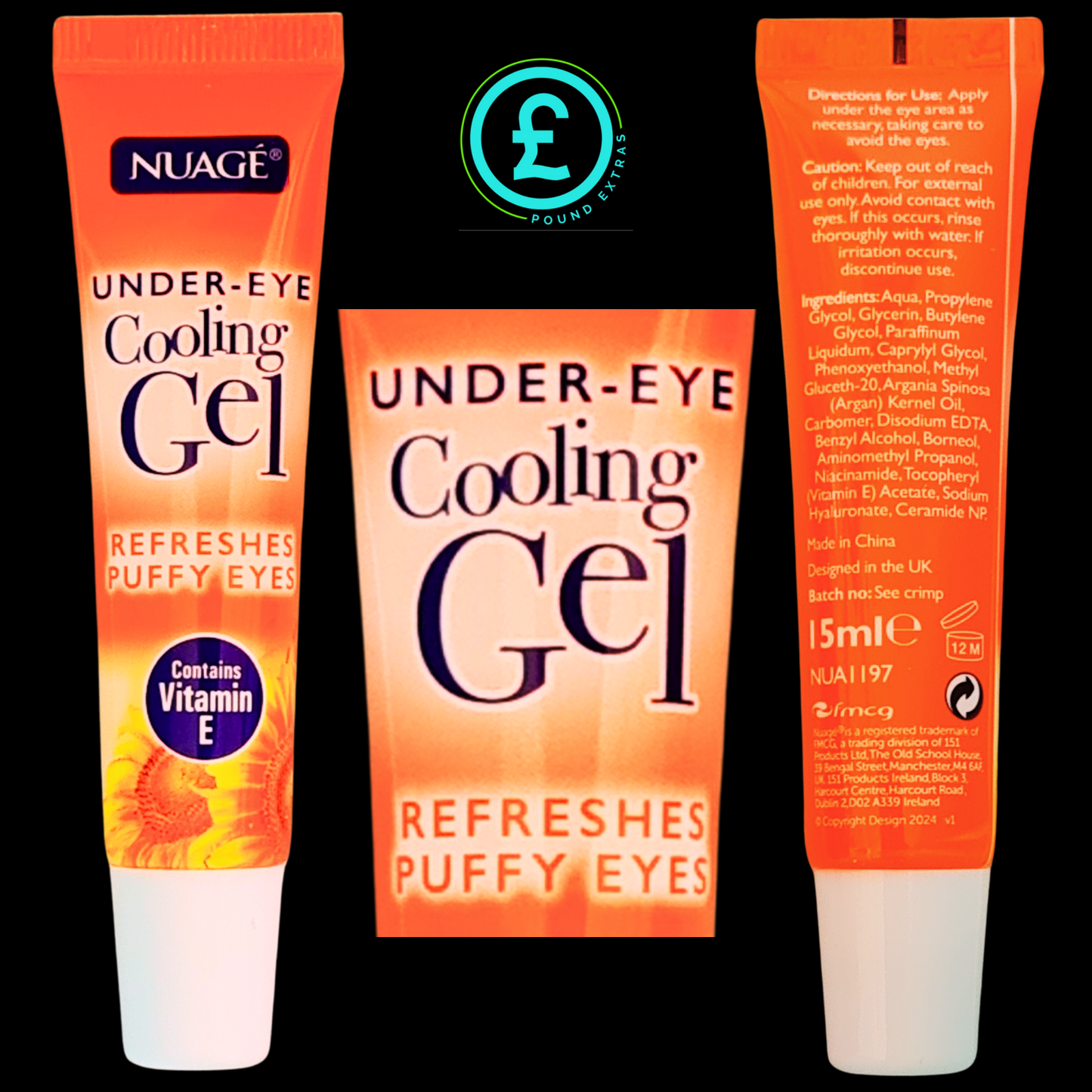 Three tubes of Nuáge under-eye cooling gel on a black background