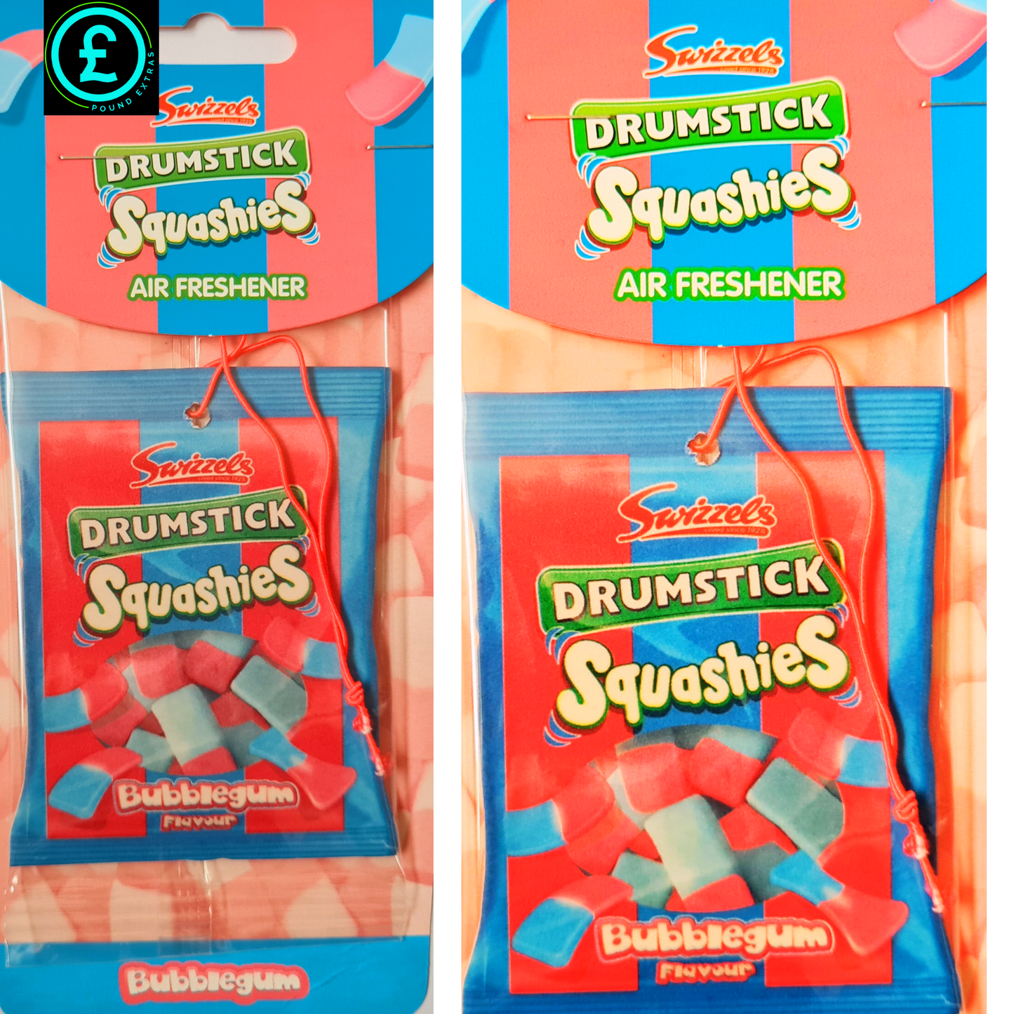 Two packages of Swizzles Drumstick Squashies Bubblegum air freshener.