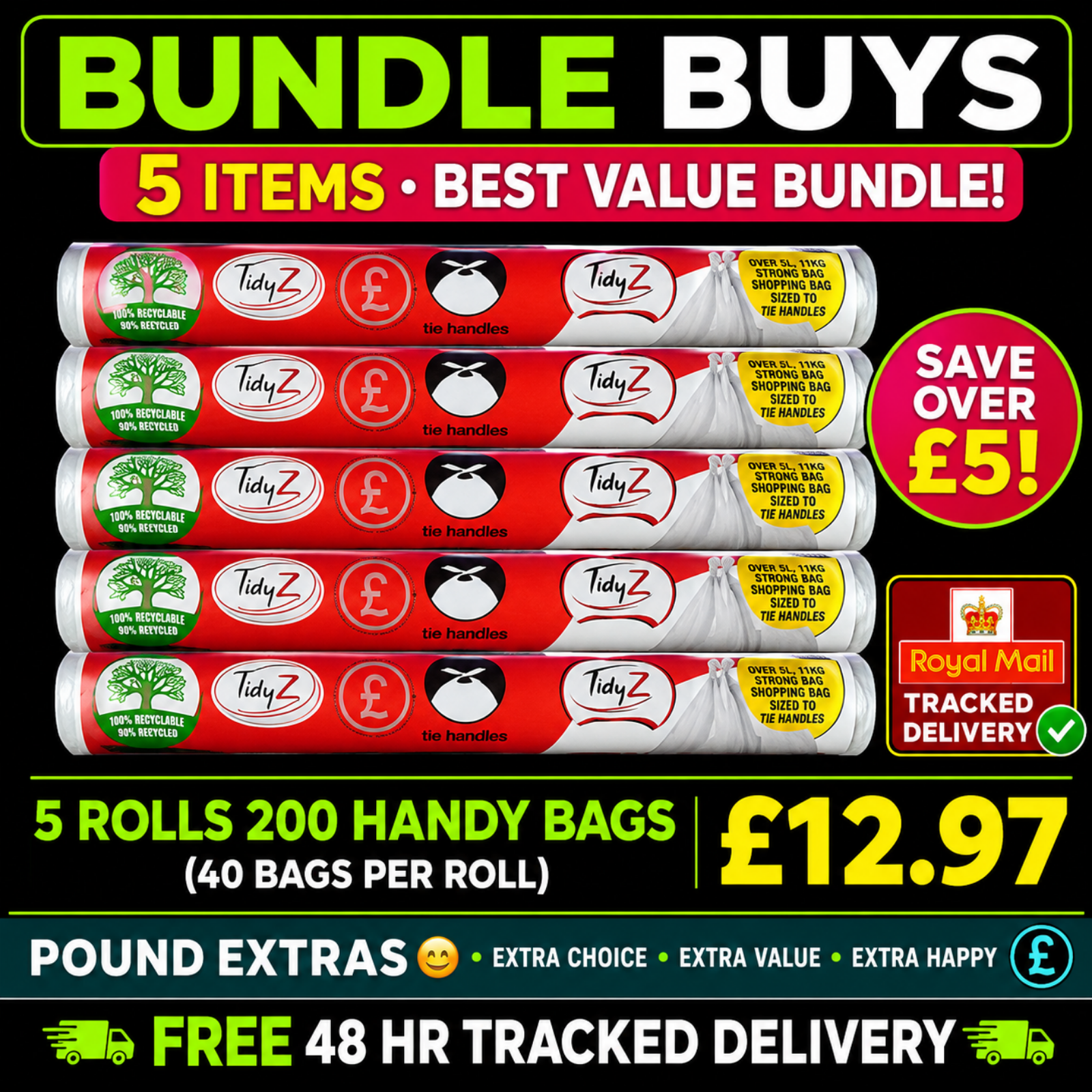 Shopping Bags Handy Plastic Bags 200 Pack 5 Rolls Tie Up Handles Strong Bags1
