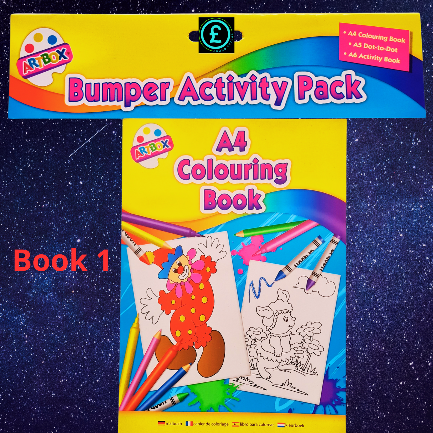 Arbox Bumper Activity Pack with A4 Colouring Book on a starry background
