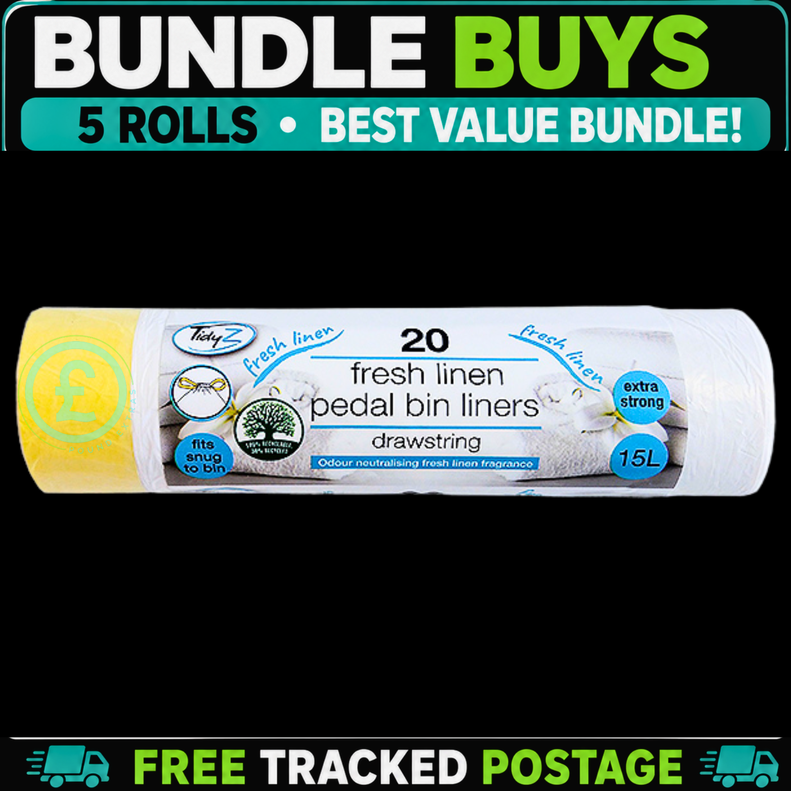 Pedal Bin Liners 100 Pack Bundle 15L Fresh Linen Drawstring Bags Fresh Scent3