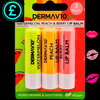 Packaging of Dermavio lip balms in watermelon, peach, and berry flavors on a colorful background.