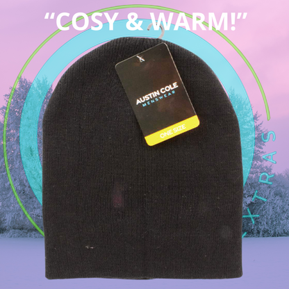 Black beanie with a visible brand tag on a colorful abstract background