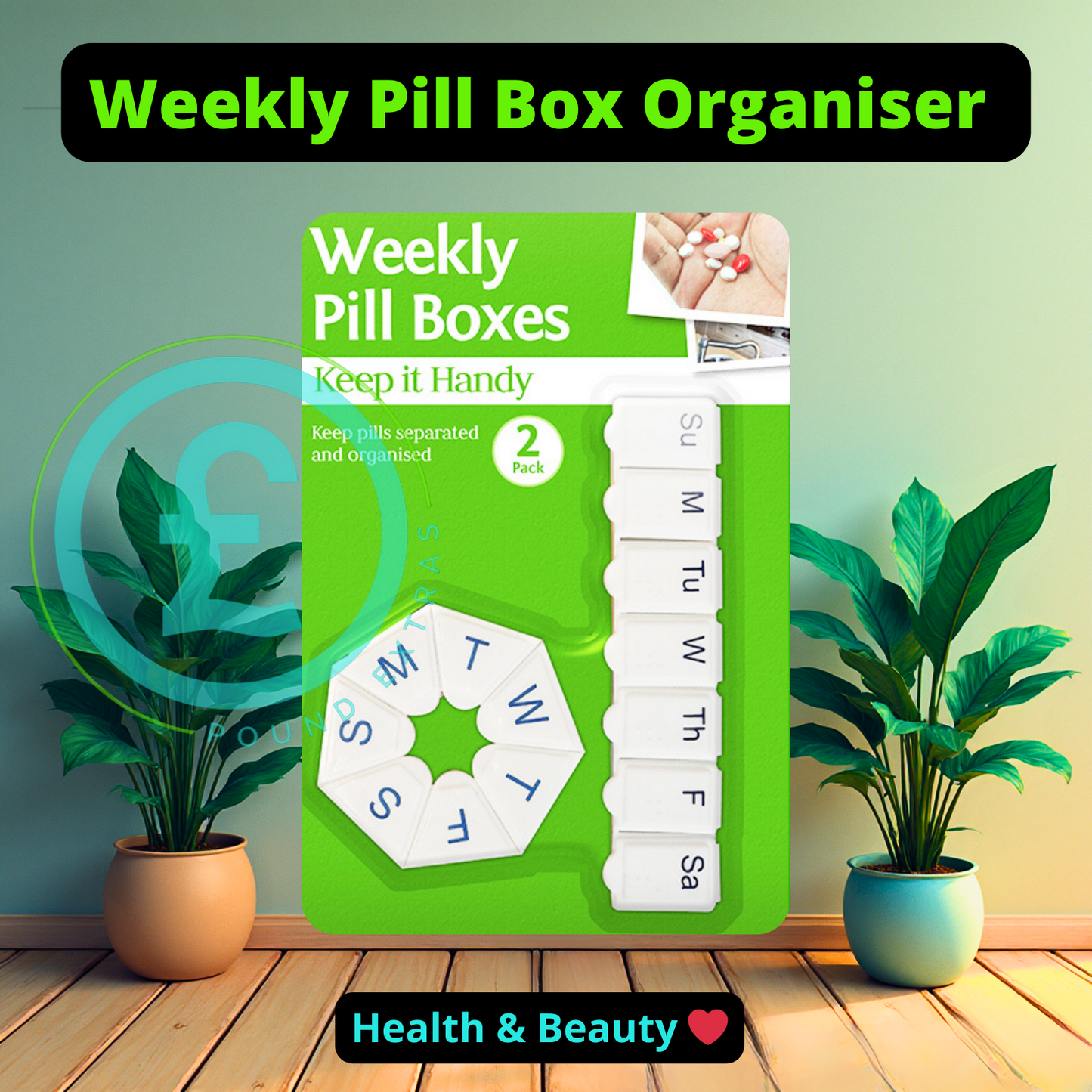 Weekly Pill Box 2 Pack 7 Day Round + Rectangular Medication Vitamins Organiser0