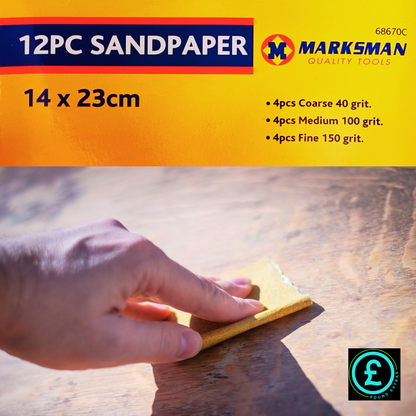 Marksman sandpaper set with a hand using sandpaper on wood, featuring product details.