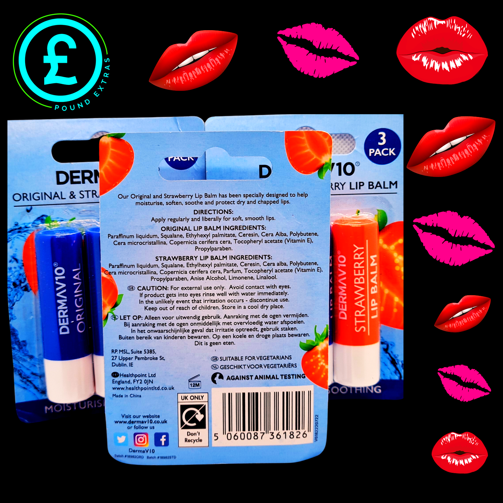 Dermavio strawberry lip balm packaging with decorative lips on a black background