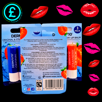 Dermavio strawberry lip balm packaging with decorative lips on a black background