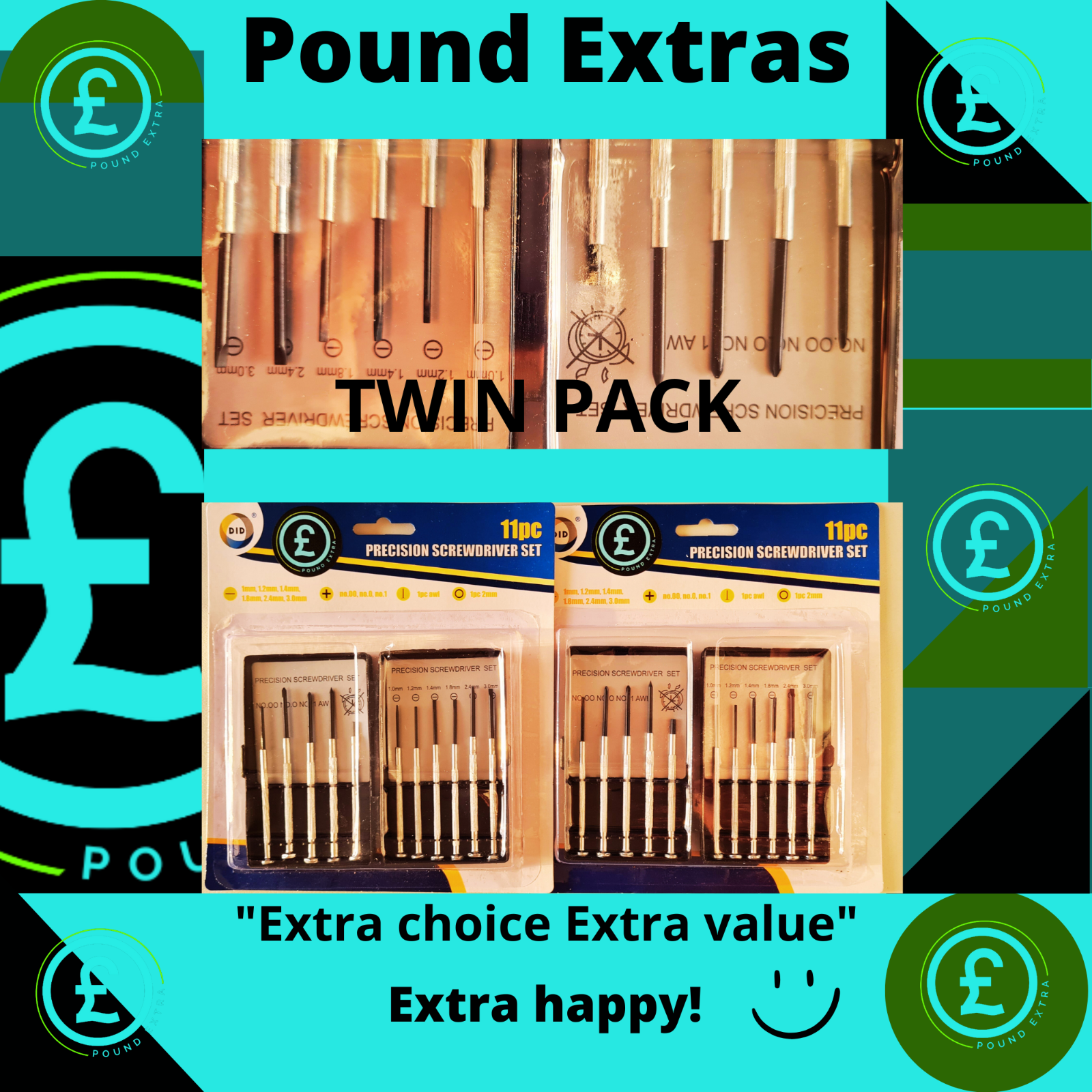Twin pack of Pound Extras precision screwdriver sets with Pound symbol graphics.
