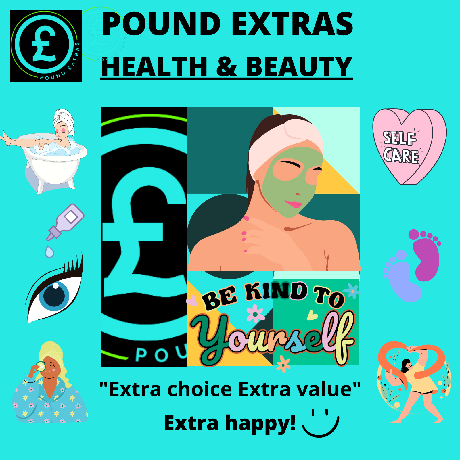 Promotional graphic for Pound Extras Health & Beauty with various icons and text on a blue background.
