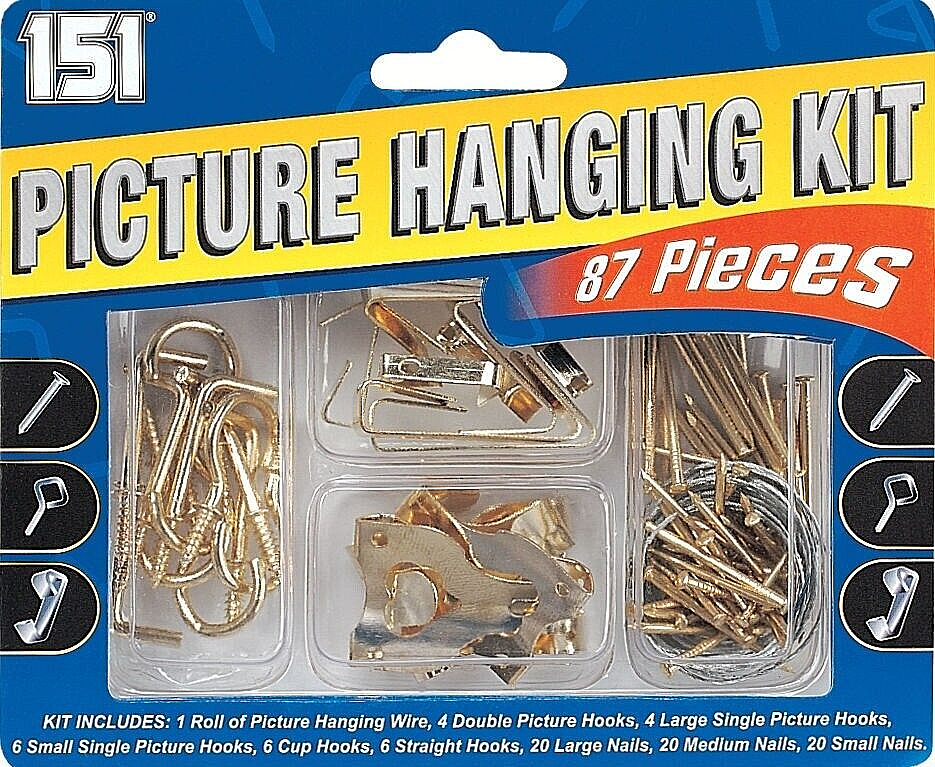 Picture Hanging Kit 87pc Hooks Nails Wire Wall Frame Hanging Set Gold DIY0