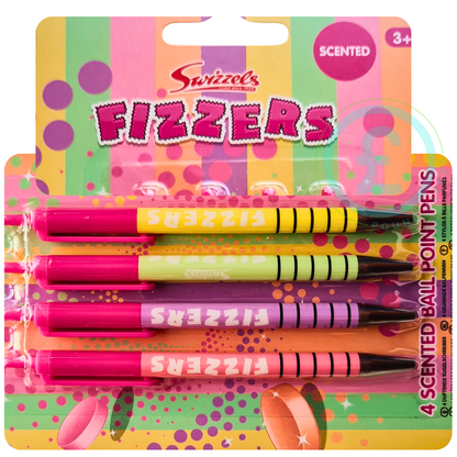 Pack of Swizzles Fizzers scented ballpoint pens with colorful packaging.