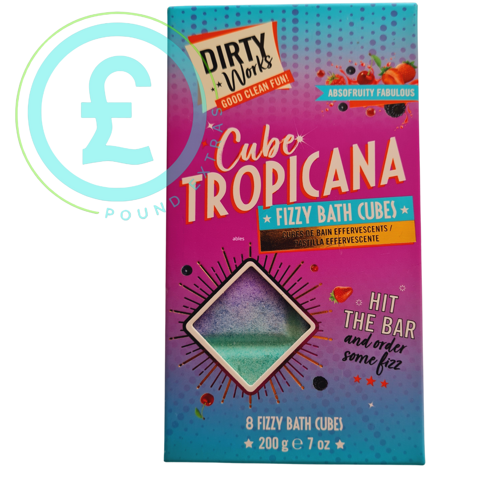 Box of Tropicana Fizzy Bath Cubes by Dirty Works with a pound symbol on a white background